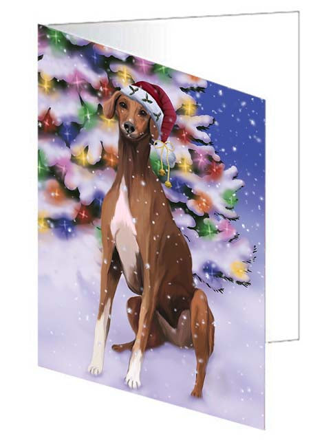 Winterland Wonderland Azawakh Dog In Christmas Holiday Scenic Background Handmade Artwork Assorted Pets Greeting Cards and Note Cards with Envelopes for All Occasions and Holiday Seasons GCD71558
