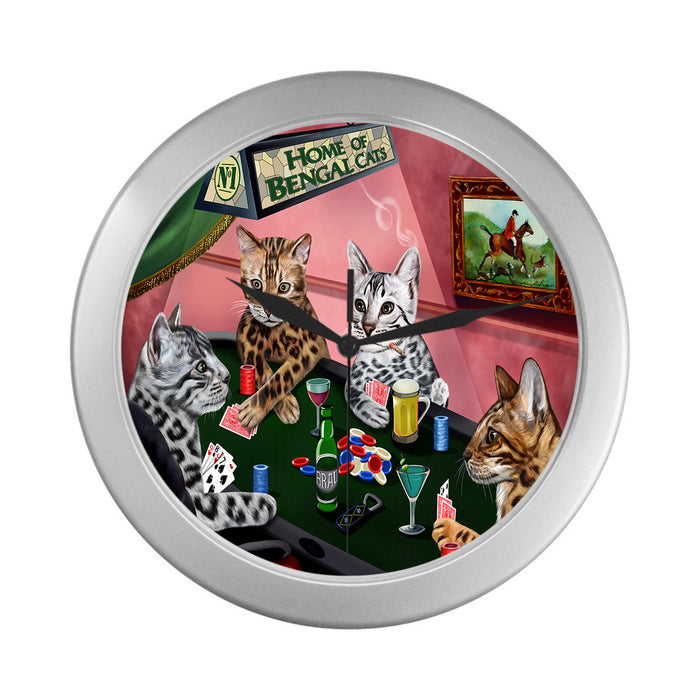 Home of Bengal Cats Playing Poker Silver Wall Clocks