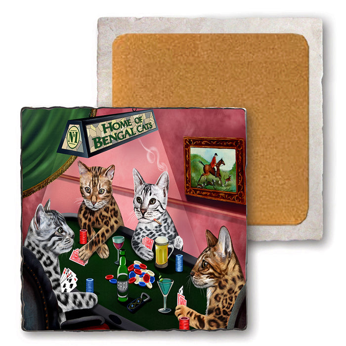 Set of 4 Natural Stone Marble Tile Coasters - Home of Bengal 4 Cats Playing Poker MCST48060