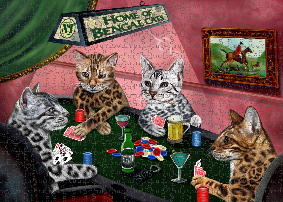 Home of Poker Playing Bengal Cats Portrait Jigsaw Puzzle for Adults Animal Interlocking Puzzle Game Unique Gift for Dog Lover's with Metal Tin Box