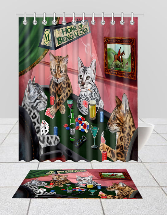 Home of  Bengal Cats Playing Poker Bath Mat and Shower Curtain Combo