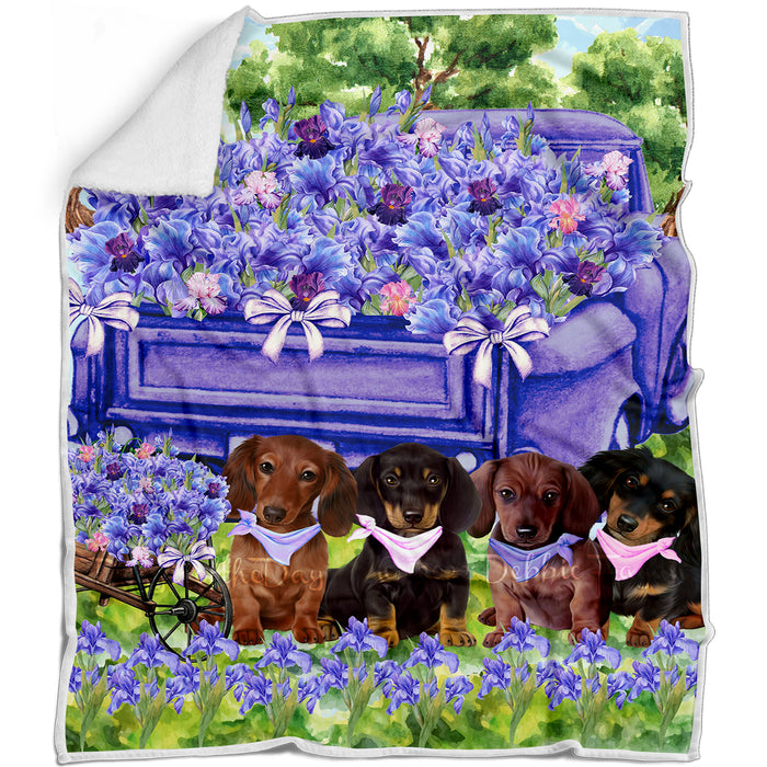 Iris Purple Truck  Dachshund Dogs Blanket - Lightweight Soft Cozy and Durable Bed Blanket - Animal Theme Fuzzy Blanket for Sofa Couch