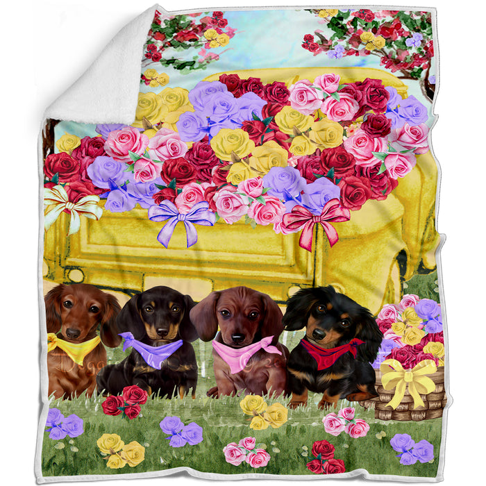 Floral Yellow Truck Dachshund Dogs Blanket - Lightweight Soft Cozy and Durable Bed Blanket - Animal Theme Fuzzy Blanket for Sofa Couch