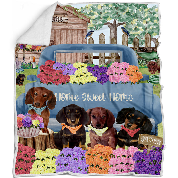 Rhododendron Home Sweet Home Garden Blue Truck Dachshund Dogs Blanket - Soft Cozy and Durable Bed Blanket - Animal Theme Fuzzy Blanket for Sofa Couch