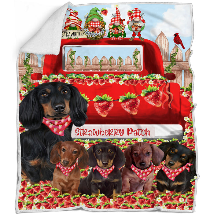 Strawberry Patch with Gnomes Dachshund Dogs Blanket - Lightweight Soft Cozy and Durable Bed Blanket - Animal Theme Fuzzy Blanket for Sofa Couch