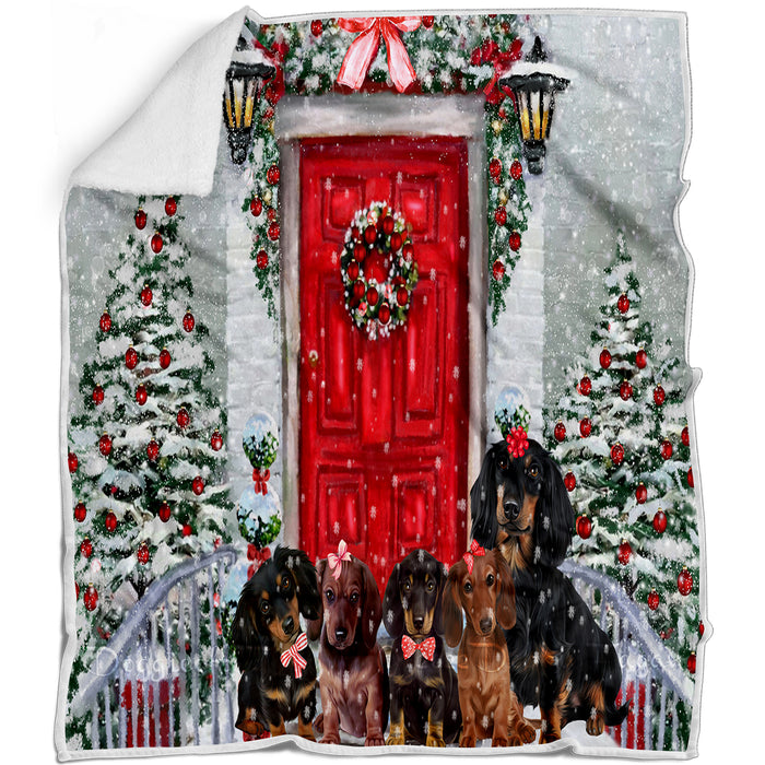 Christmas Holiday Welcome Red Door Dachshund Dogs Blanket - Soft Cozy and Durable Bed Blanket - Animal Theme Fuzzy Blanket for Sofa Couch