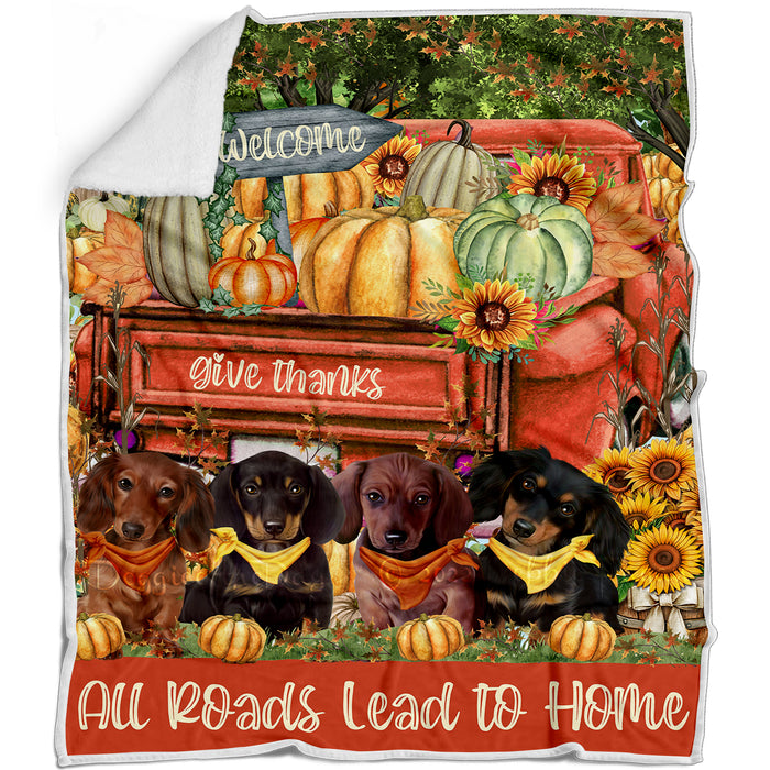 All Roads Lead to Home Orange Truck Harvest Fall Pumpkin Dachshund Dogs Blanket - Soft Cozy and Durable Bed Blanket - Animal Theme Fuzzy Blanket for Sofa Couch