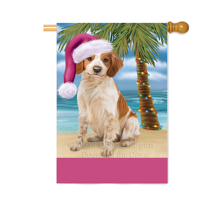 Personalized Summertime Happy Holidays Christmas Brittany Spaniel Dog on Tropical Island Beach Custom House Flag FLG-DOTD-A60489
