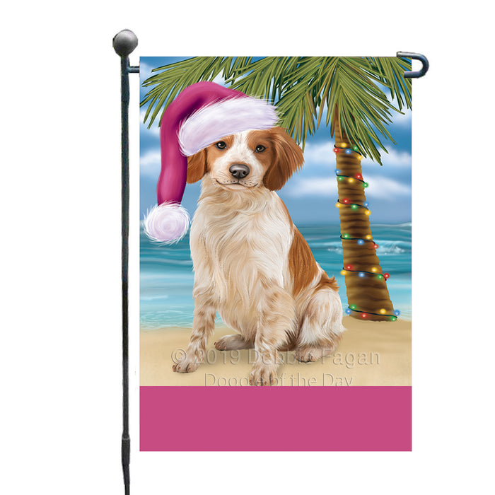 Personalized Summertime Happy Holidays Christmas Brittany Spaniel Dog on Tropical Island Beach  Custom Garden Flags GFLG-DOTD-A60433