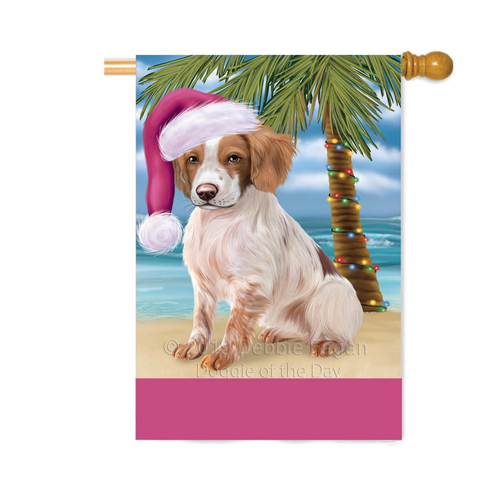 Personalized Summertime Happy Holidays Christmas Brittany Spaniel Dog on Tropical Island Beach Custom House Flag FLG-DOTD-A60490