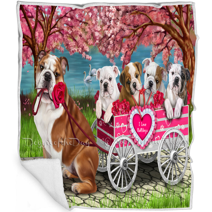 I Love Bulldog Dogs in a Cart Art Portrait Print Woven Throw Sherpa Plush Fleece Blanket