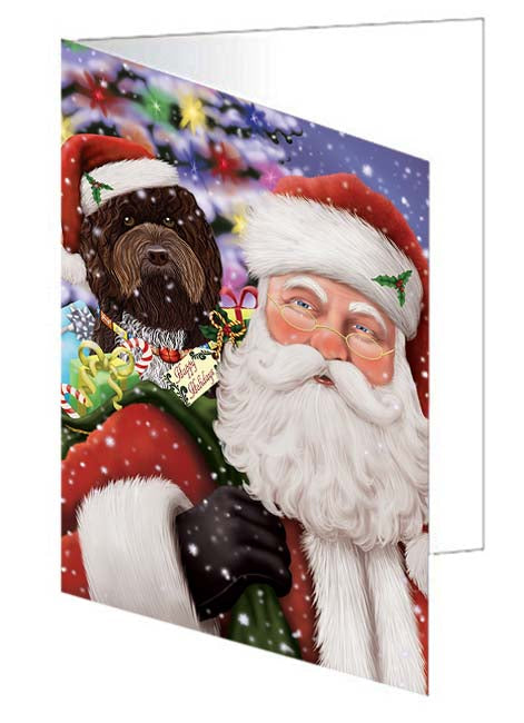 Santa Carrying Barbet Dog and Christmas Presents Handmade Artwork Assorted Pets Greeting Cards and Note Cards with Envelopes for All Occasions and Holiday Seasons GCD70964