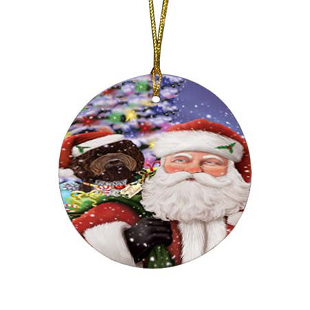 Santa Carrying Barbet Dog and Christmas Presents Round Flat Christmas Ornament RFPOR55839