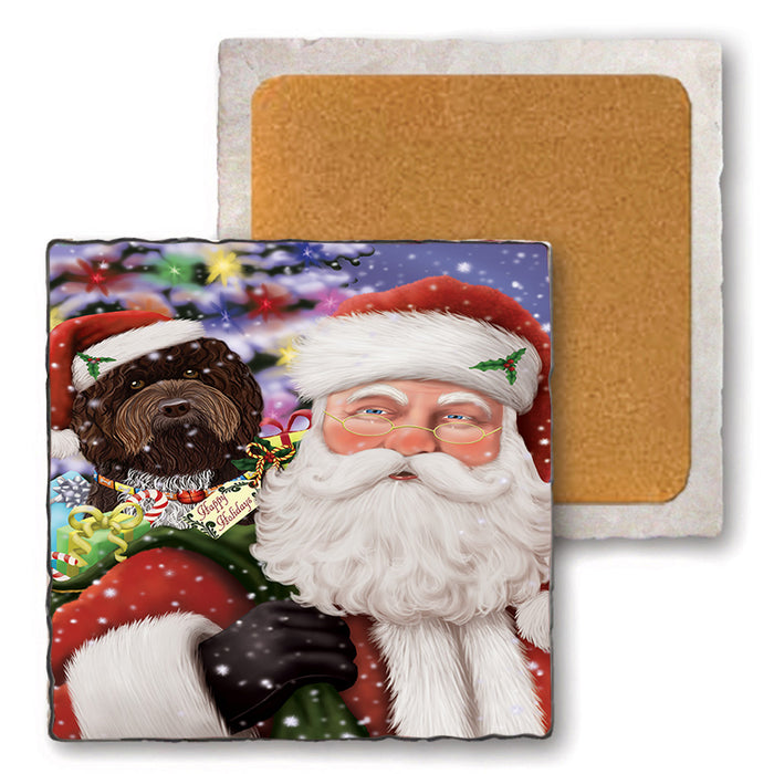 Santa Carrying Barbet Dog and Christmas Presents Set of 4 Natural Stone Marble Tile Coasters MCST50483