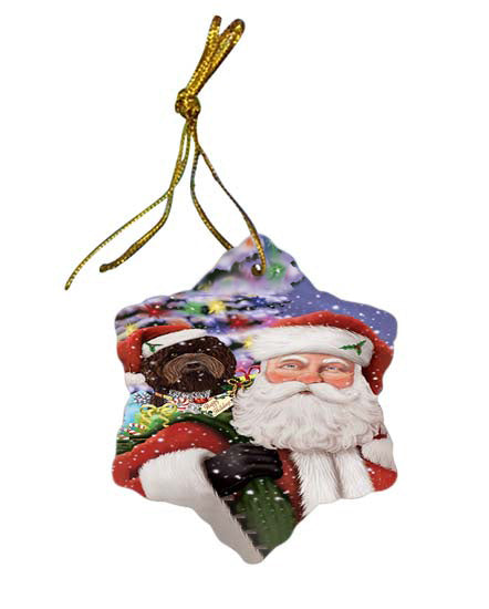 Santa Carrying Barbet Dog and Christmas Presents Star Porcelain Ornament SPOR55839
