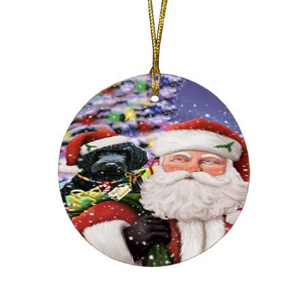 Santa Carrying Barbet Dog and Christmas Presents Round Flat Christmas Ornament RFPOR55840