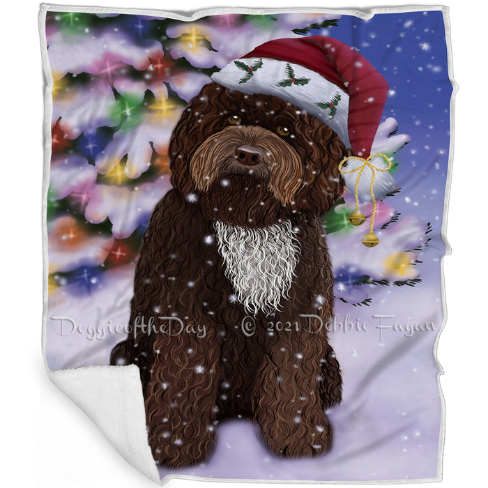 Winterland Wonderland Barbet Dog In Christmas Holiday Scenic Background Blanket BLNKT120558