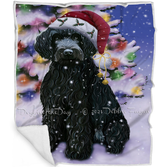 Winterland Wonderland Barbet Dog In Christmas Holiday Scenic Background Blanket BLNKT120567