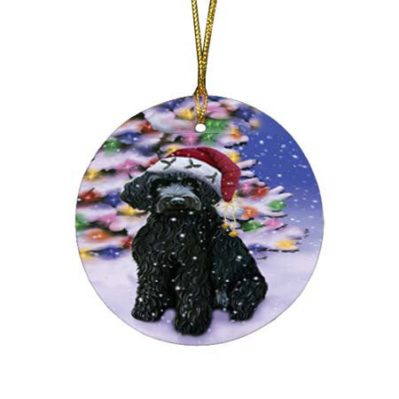 Winterland Wonderland Barbet Dog In Christmas Holiday Scenic Background Round Flat Christmas Ornament RFPOR56038