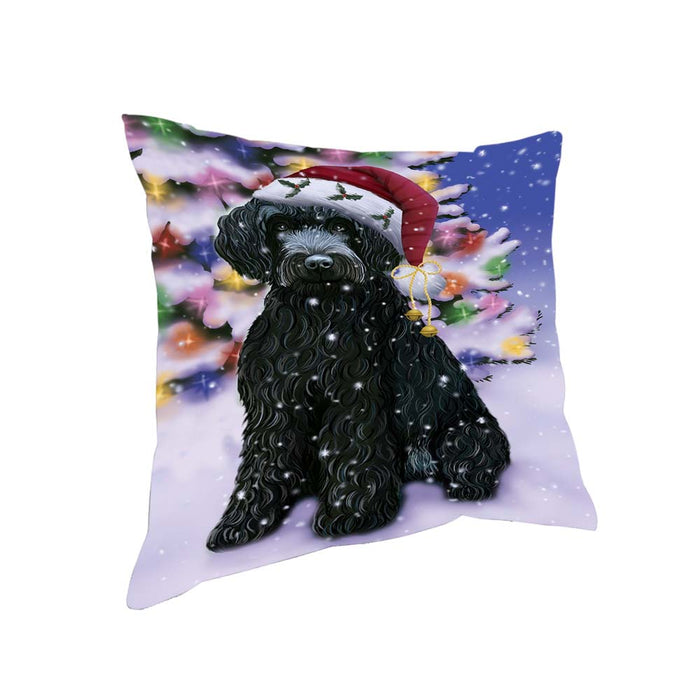 Winterland Wonderland Barbet Dog In Christmas Holiday Scenic Background Pillow PIL71656
