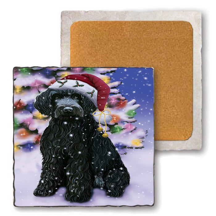 Winterland Wonderland Barbet Dog In Christmas Holiday Scenic Background Set of 4 Natural Stone Marble Tile Coasters MCST50682