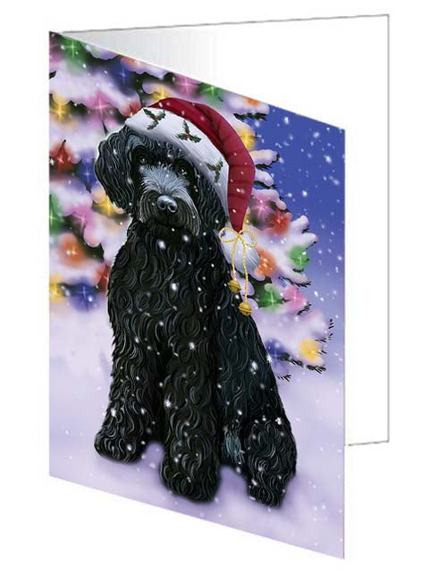 Winterland Wonderland Barbet Dog In Christmas Holiday Scenic Background Handmade Artwork Assorted Pets Greeting Cards and Note Cards with Envelopes for All Occasions and Holiday Seasons GCD71561