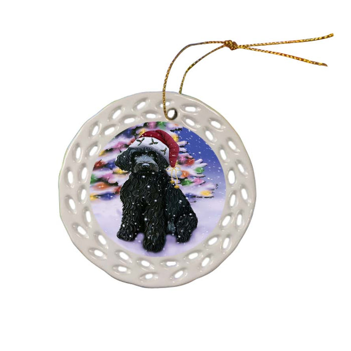 Winterland Wonderland Barbet Dog In Christmas Holiday Scenic Background Ceramic Doily Ornament DPOR56038