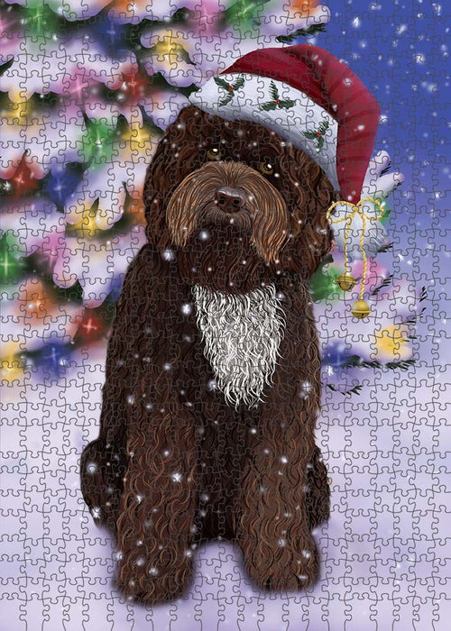 Winterland Wonderland Barbet Dog In Christmas Holiday Scenic Background Puzzle with Photo Tin PUZL90936