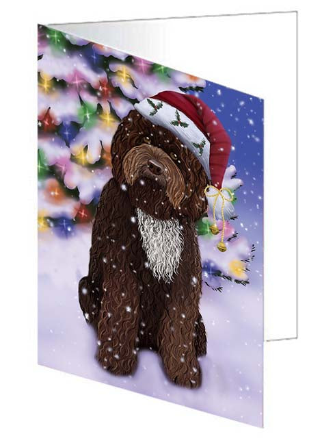 Winterland Wonderland Barbet Dog In Christmas Holiday Scenic Background Handmade Artwork Assorted Pets Greeting Cards and Note Cards with Envelopes for All Occasions and Holiday Seasons GCD71564