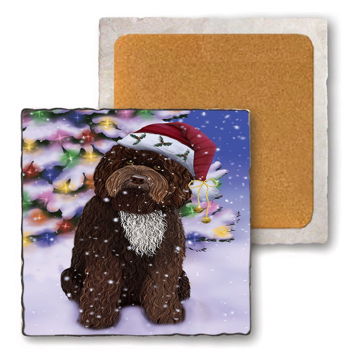 Winterland Wonderland Barbet Dog In Christmas Holiday Scenic Background Set of 4 Natural Stone Marble Tile Coasters MCST50683