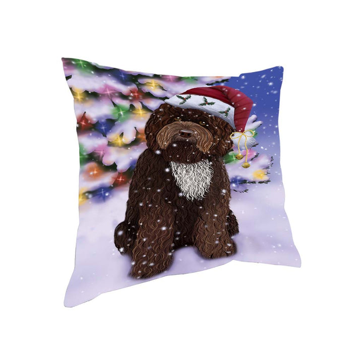 Winterland Wonderland Barbet Dog In Christmas Holiday Scenic Background Pillow PIL71660