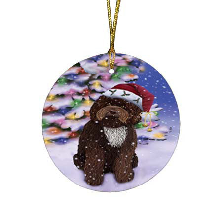Winterland Wonderland Barbet Dog In Christmas Holiday Scenic Background Round Flat Christmas Ornament RFPOR56039