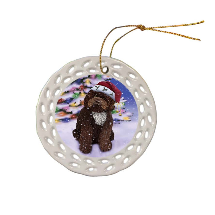 Winterland Wonderland Barbet Dog In Christmas Holiday Scenic Background Ceramic Doily Ornament DPOR56039