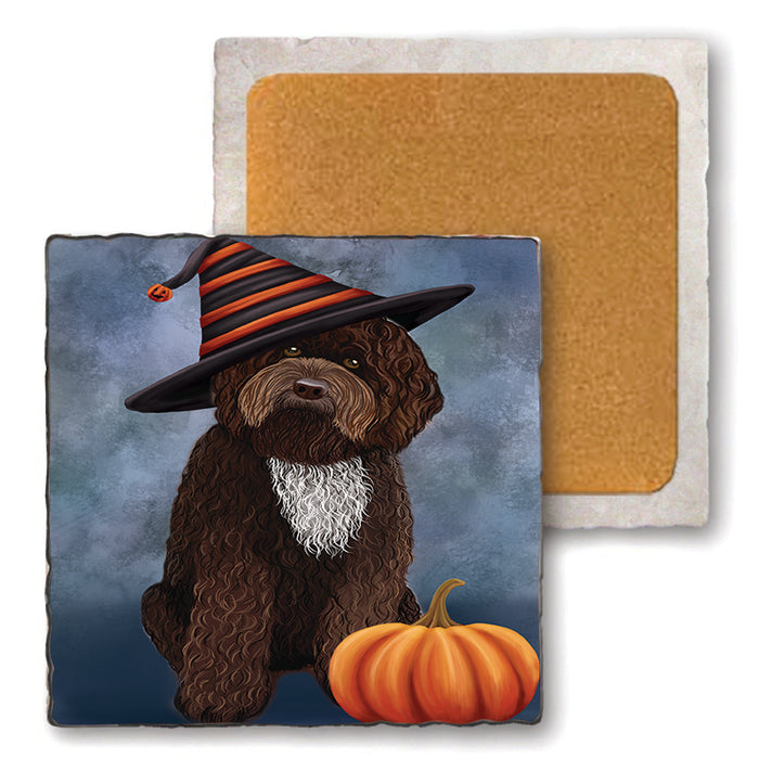 Happy Halloween Barbet Dog Wearing Witch Hat with Pumpkin Set of 4 Natural Stone Marble Tile Coasters MCST49862