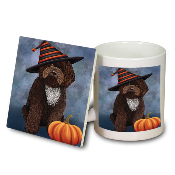 Happy Halloween Barbet Dog Wearing Witch Hat with Pumpkin Mug and Coaster Set MUC54854