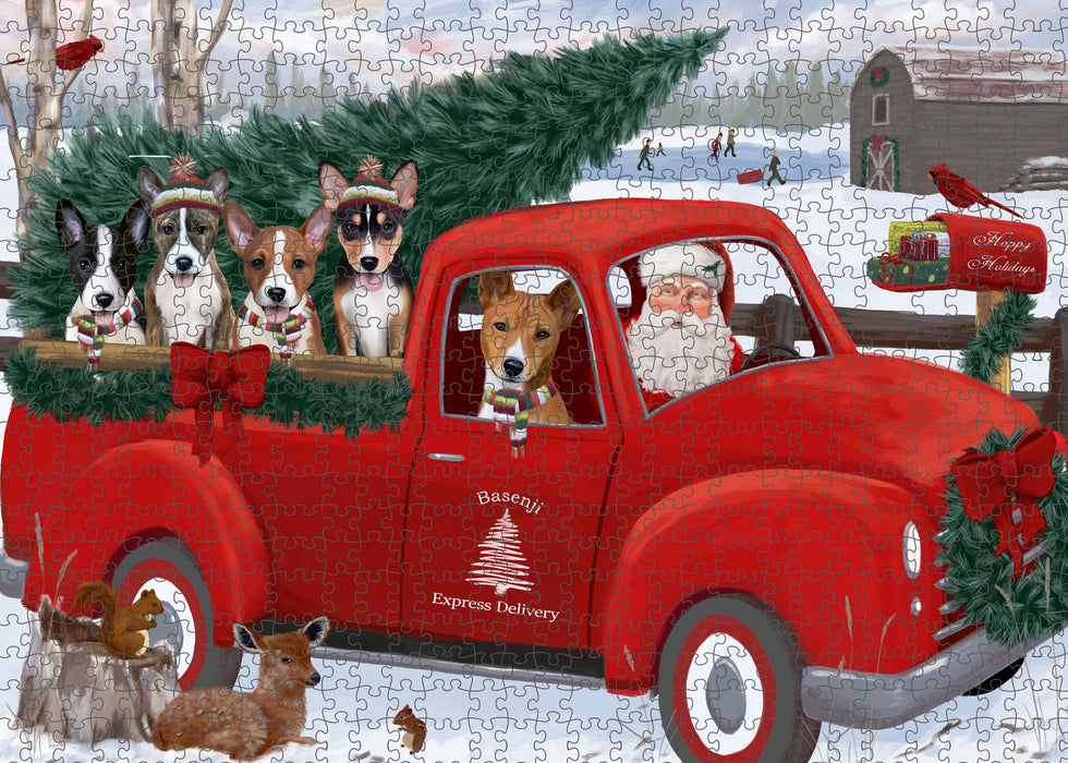 Christmas Santa Express Delivery Red Truck Basenji Dogs Portrait Jigsaw Puzzle for Adults Animal Interlocking Puzzle Game Unique Gift for Dog Lover's with Metal Tin Box