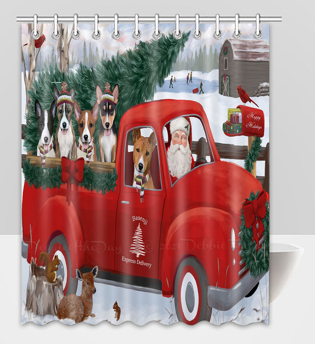 Christmas Santa Express Delivery Red Truck Basenji Dogs Shower Curtain Pet Painting Bathtub Curtain Waterproof Polyester One-Side Printing Decor Bath Tub Curtain for Bathroom with Hooks