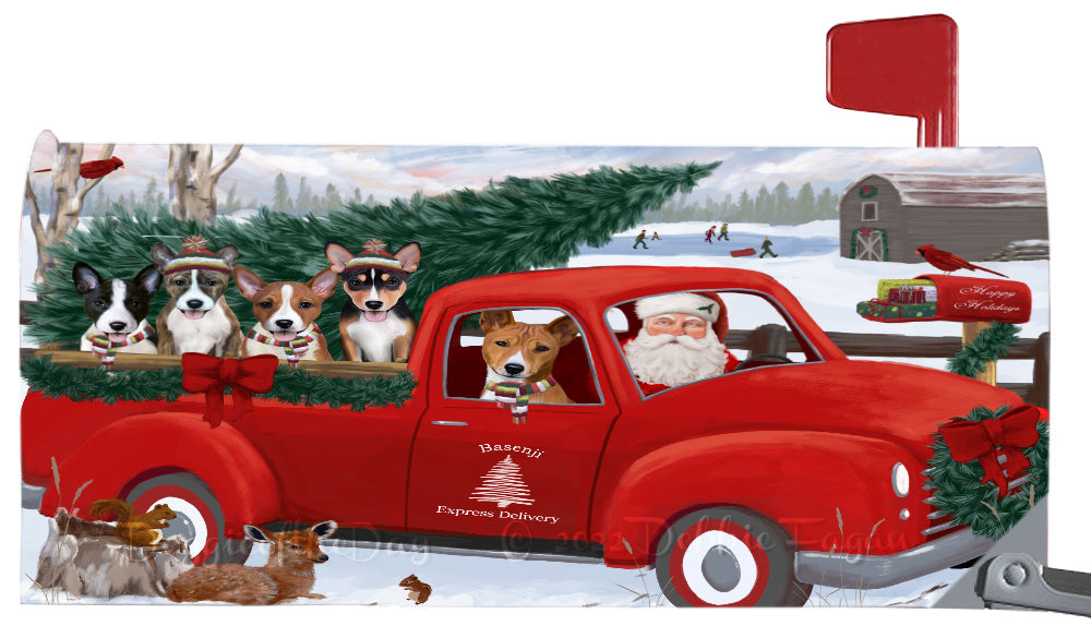 Christmas Santa Express Delivery Red Truck Basenji Dogs Magnetic Mailbox Cover Both Sides Pet Theme Printed Decorative Letter Box Wrap Case Postbox Thick Magnetic Vinyl Material