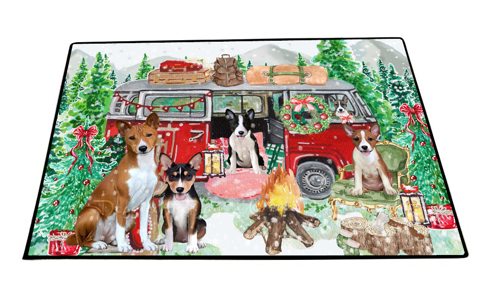 Christmas Time Camping with Basenji Dogs Floor Mat- Anti-Slip Pet Door Mat Indoor Outdoor Front Rug Mats for Home Outside Entrance Pets Portrait Unique Rug Washable Premium Quality Mat