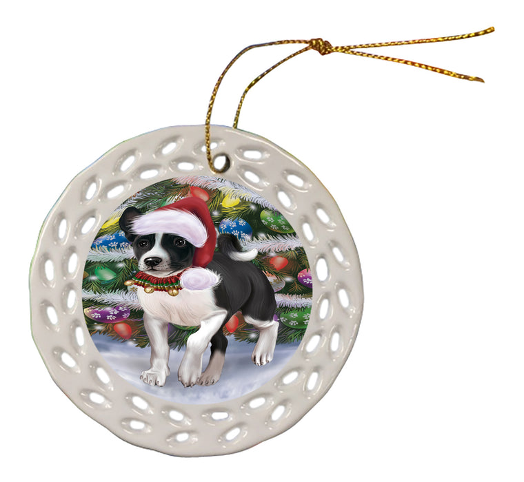 Chistmas Trotting in the Snow Basenji Dog Doily Ornament DPOR59132