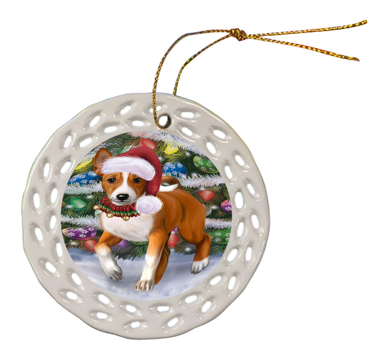 Chistmas Trotting in the Snow Basenji Dog Doily Ornament DPOR59133
