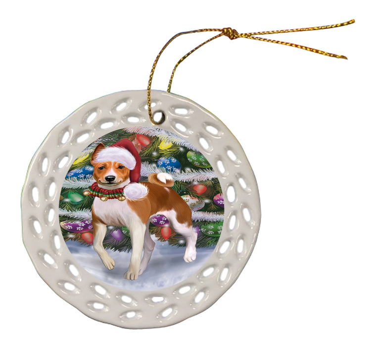 Chistmas Trotting in the Snow Basenji Dog Doily Ornament DPOR59134