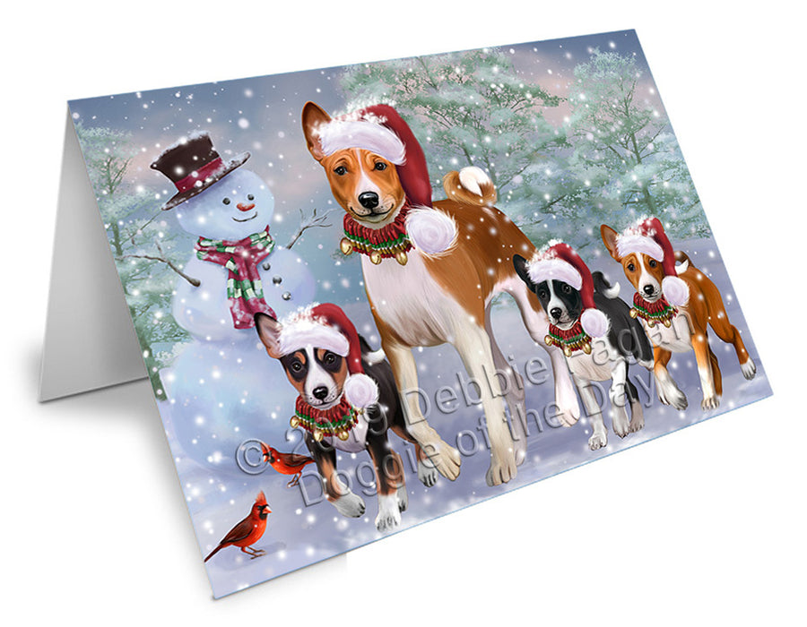 Christmas Running Family Basenji Dogs Handmade Artwork Assorted Pets Greeting Cards and Note Cards with Envelopes for All Occasions and Holiday Seasons