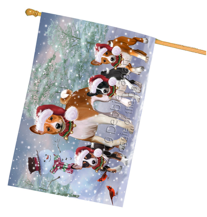 Christmas Running Family Basenji Dogs House Flag Outdoor Decorative Double Sided Pet Portrait Weather Resistant Premium Quality Animal Printed Home Decorative Flags 100% Polyester