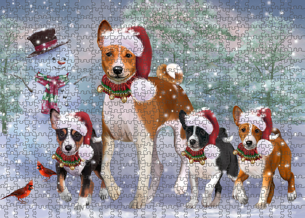 Christmas Running Family Basenji Dogs Portrait Jigsaw Puzzle for Adults Animal Interlocking Puzzle Game Unique Gift for Dog Lover's with Metal Tin Box