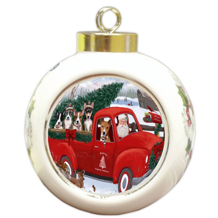 Christmas Santa Express Delivery Red Truck Basenji Dogs Round Ball Christmas Ornament Pet Decorative Hanging Ornaments for Christmas X-mas Tree Decorations - 3" Round Ceramic Ornament