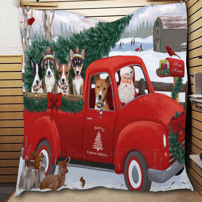 Christmas Santa Express Delivery Red Truck Basenji Dogs  Quilt Bed Coverlet Bedspread - Pets Comforter Unique One-side Animal Printing - Soft Lightweight Durable Washable Polyester Quilt