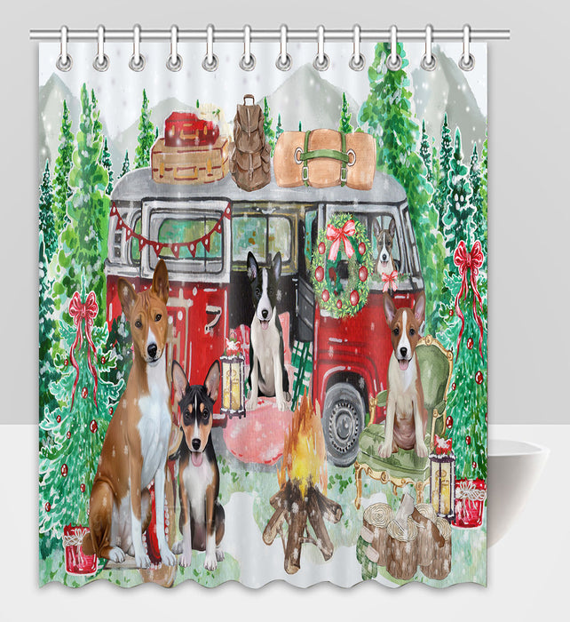 Christmas Time Camping with Basenji Dogs Shower Curtain Pet Painting Bathtub Curtain Waterproof Polyester One-Side Printing Decor Bath Tub Curtain for Bathroom with Hooks