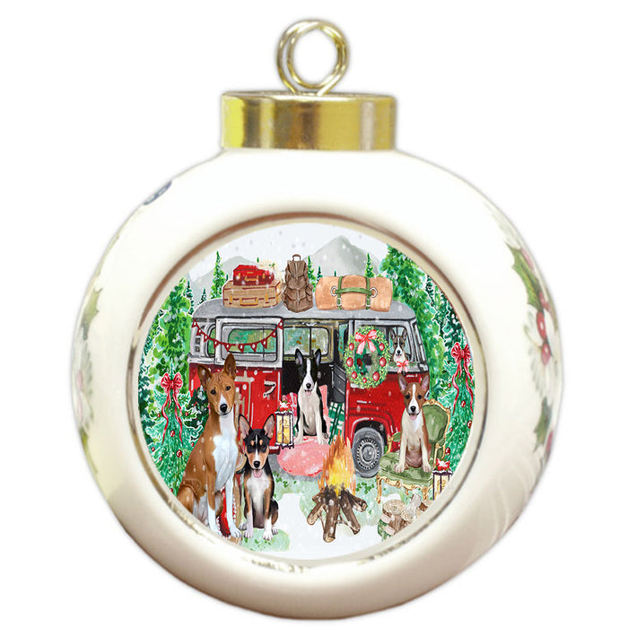 Christmas Time Camping with Basenji Dogs Round Ball Christmas Ornament Pet Decorative Hanging Ornaments for Christmas X-mas Tree Decorations - 3" Round Ceramic Ornament