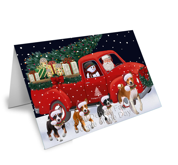 Christmas Express Delivery Red Truck Running Basenji Dogs Handmade Artwork Assorted Pets Greeting Cards and Note Cards with Envelopes for All Occasions and Holiday Seasons GCD75056